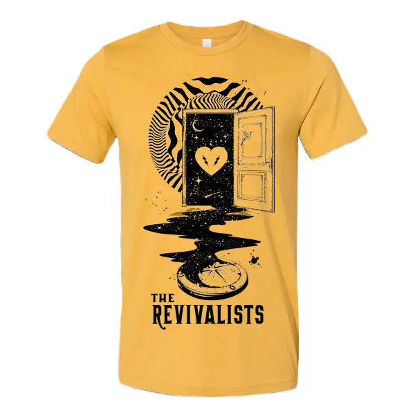 Yellow t-shirt with a black graphic design featuring an open door, cosmic imagery, and ’The Revivalists’ text.