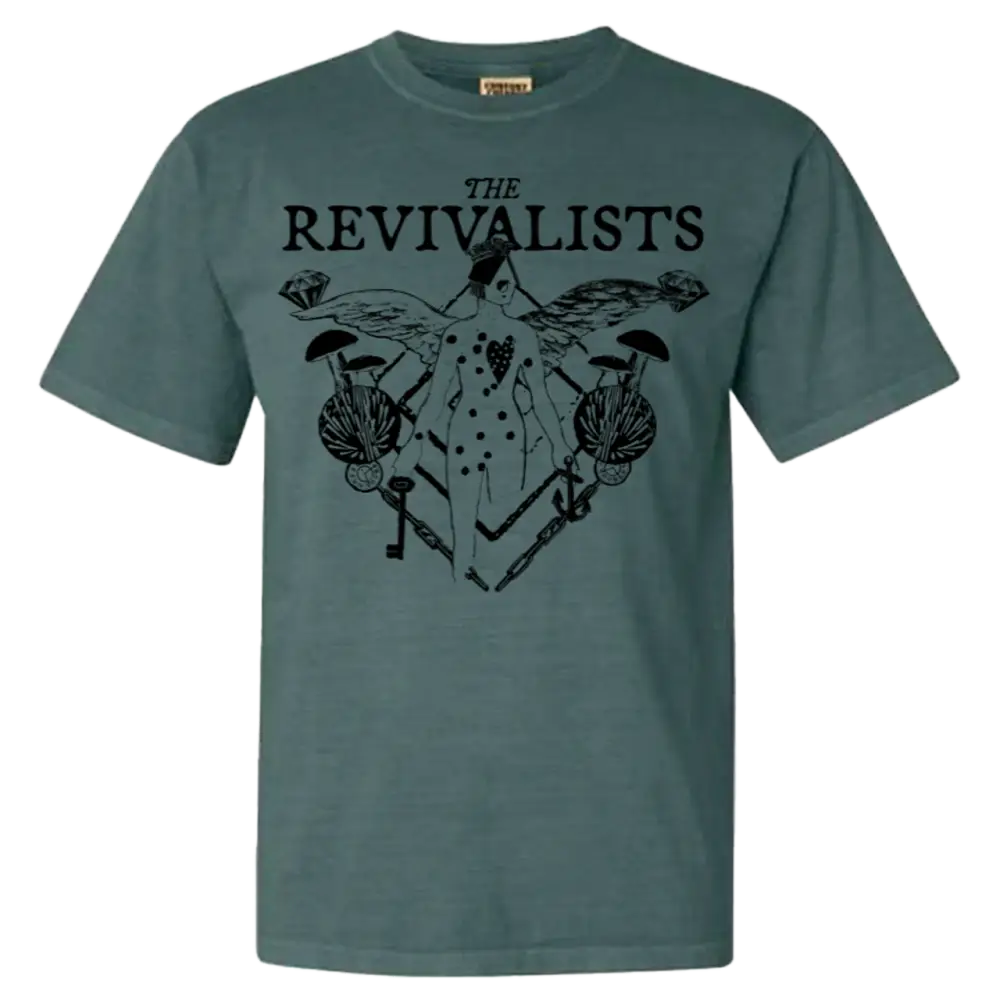 Green t-shirt with a black graphic design featuring ’THE REVIVALISTS’ text and nature-inspired imagery.