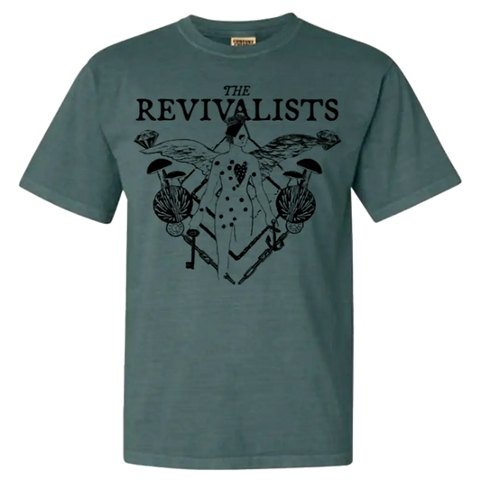 Green t-shirt with a black graphic design featuring ’THE REVIVALISTS’ text and nature-inspired imagery.