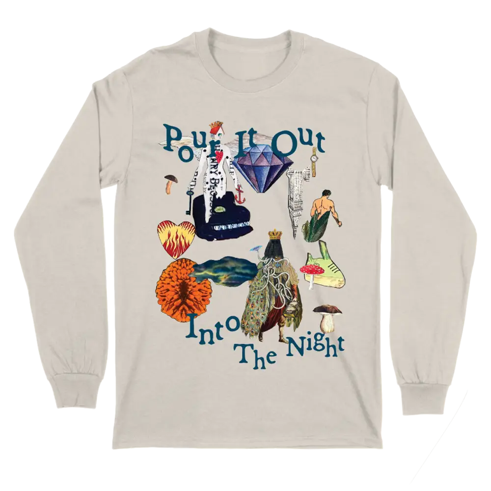 Long-sleeved beige t-shirt with colorful psychedelic artwork and text.