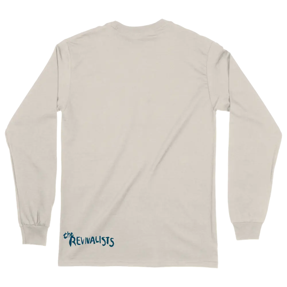 Long-sleeved beige t-shirt with ’Revivalists’ text on the lower back.