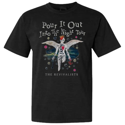 Black t-shirt with a colorful graphic design featuring text and an angelic figure.