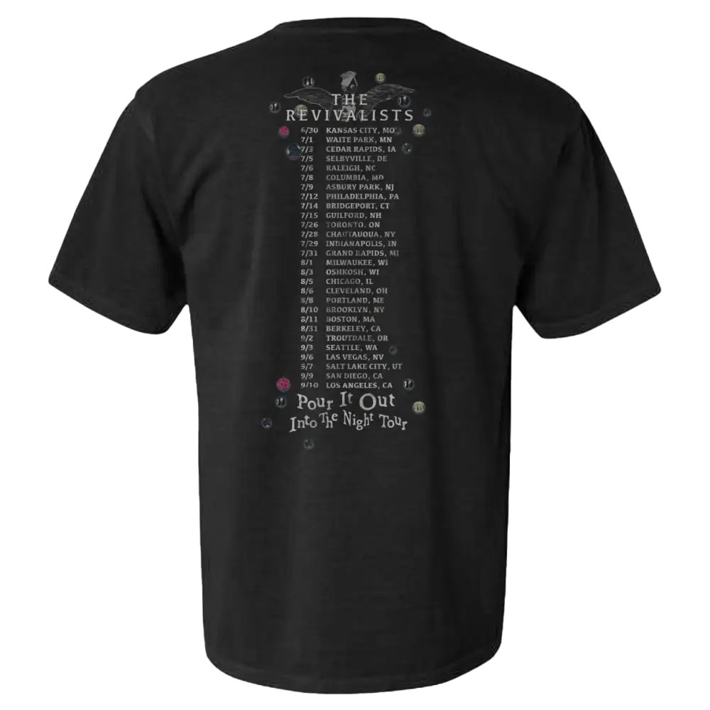 Black t-shirt with tour dates printed on the back for a band called The Revivalists.