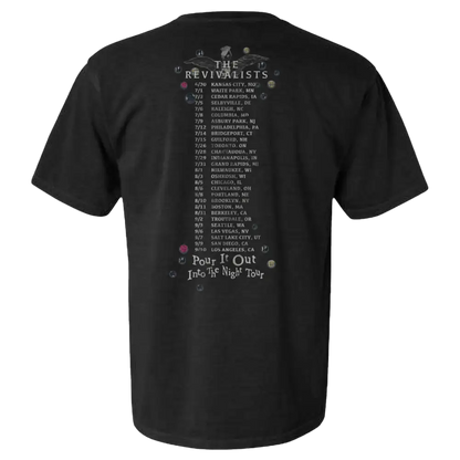 Black t-shirt with tour dates printed on the back for a band called The Revivalists.