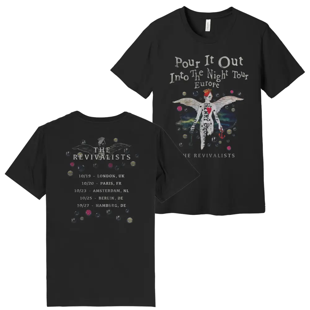 Black short-sleeved t-shirt featuring a graphic of an angelic figure with wings and the text ’pour it out into the night tour europe’ on the front, and tour dates for cities in europe printed vertically along the back.