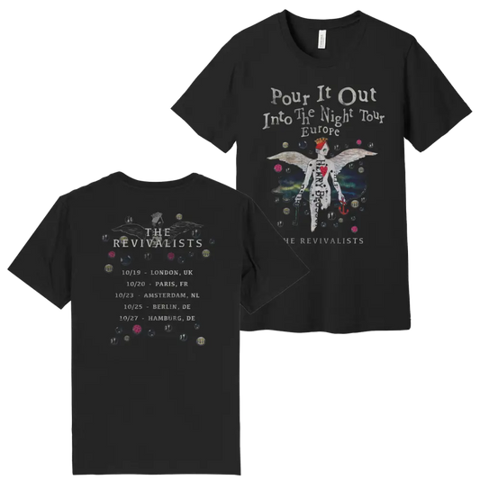 Black short-sleeved t-shirt featuring a graphic of an angelic figure with wings and the text ’pour it out into the night tour europe’ on the front, and tour dates for cities in europe printed vertically along the back.