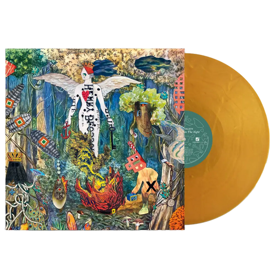 Colorful, psychedelic-style album cover artwork on a golden vinyl record.