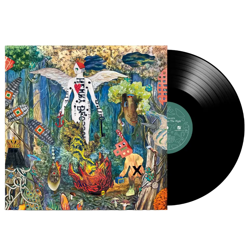 Vinyl record album with a colorful, surreal jungle-themed artwork on its cover.