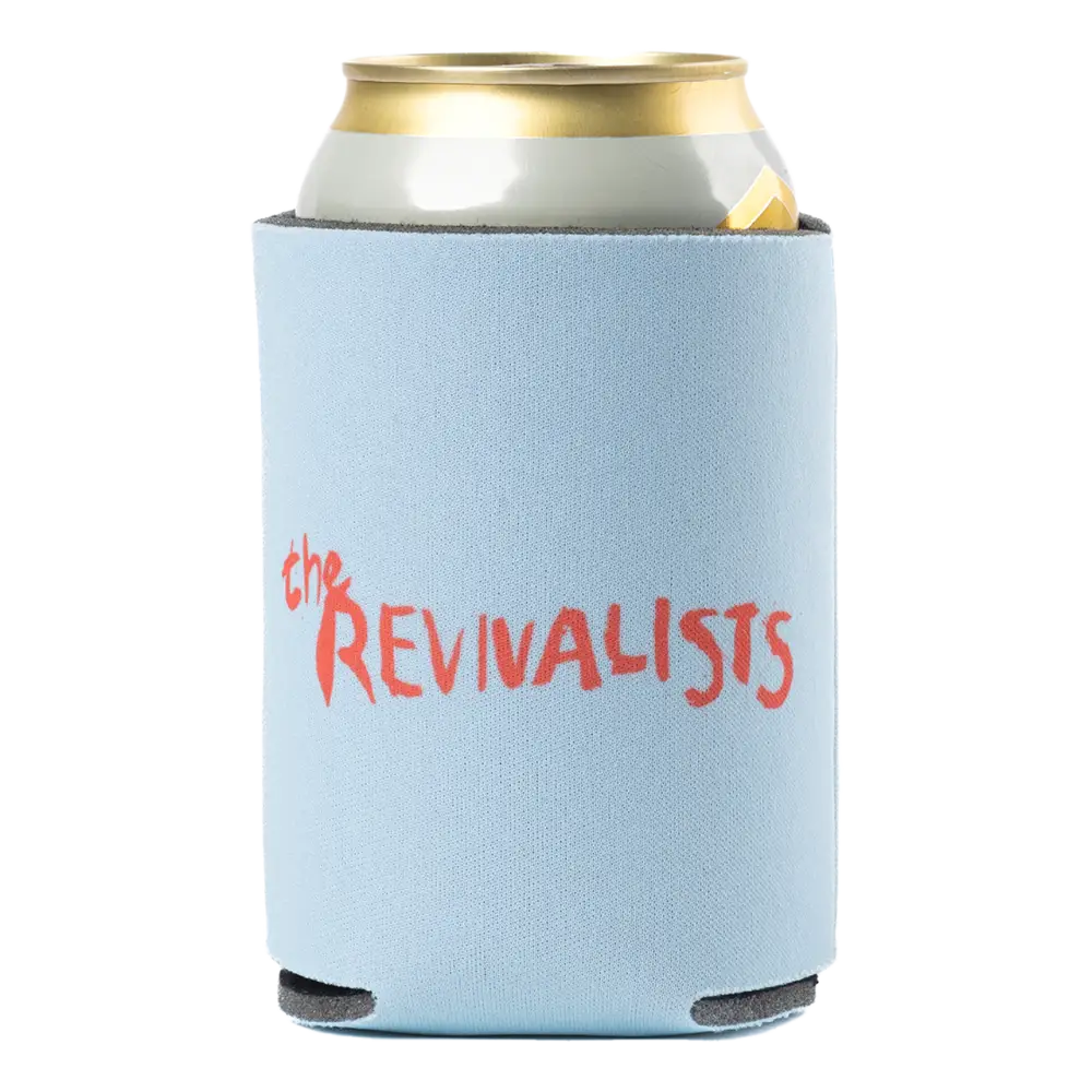 Light blue foam drink cooler sleeve with ’THE REVIVALISTS’ printed in red text.