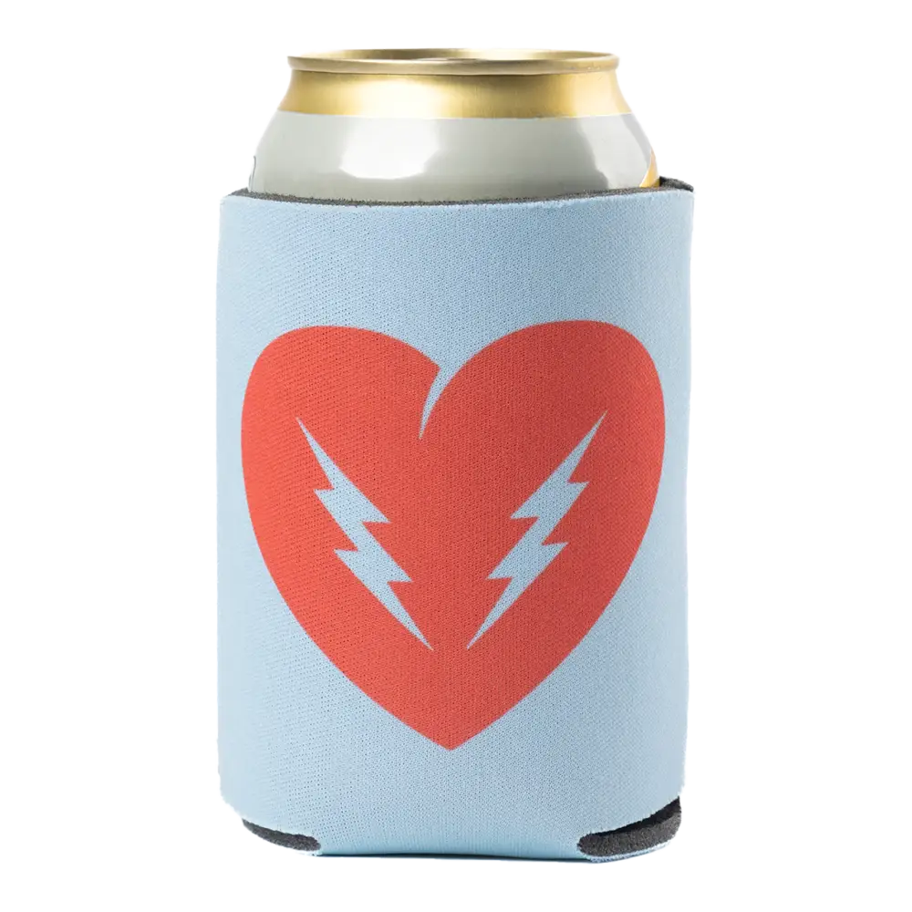 Light blue can cooler with a red heart and lightning bolt design.