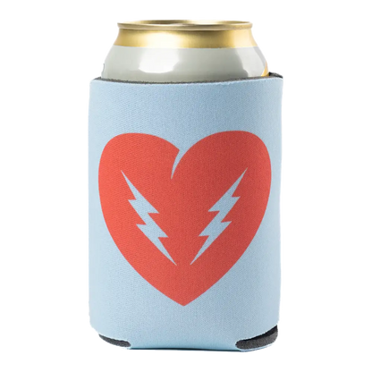 Light blue can cooler with a red heart and lightning bolt design.