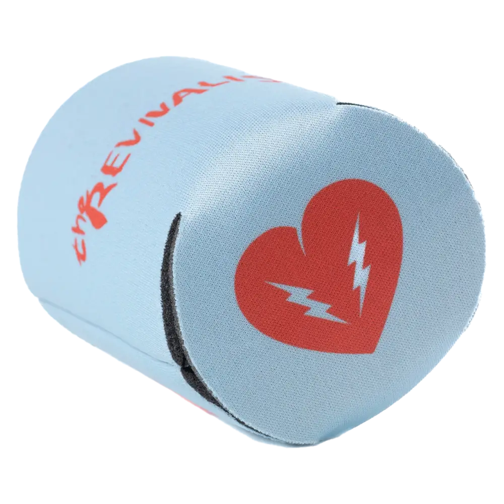 Cylindrical light blue cushion or pillow with a red heart and lightning bolt design.