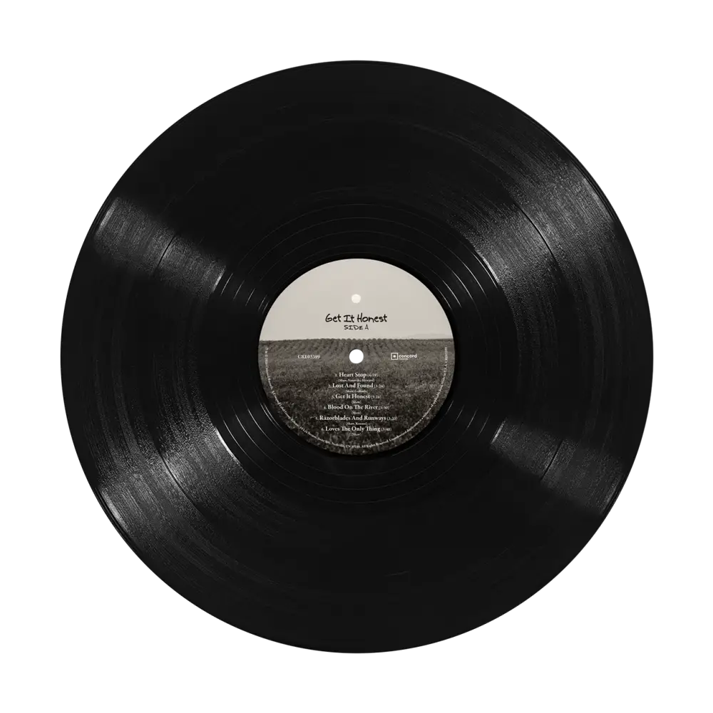 Black vinyl record with true black finish and white center label showing honest vinyl get it honest tracklist for pre order