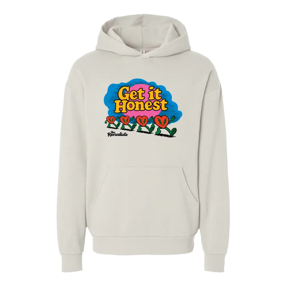 Cream-colored good company hoodie with vibrant yellow get it honest text and red hearts on blue pink cloud design