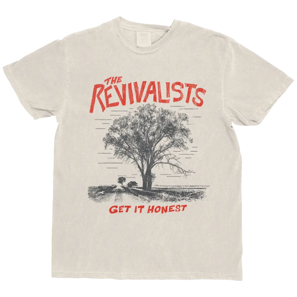 Off-white cotton honest tee featuring a black and red tree graphic with the revivalists text on front