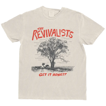 Off-white cotton honest tee featuring a black and red tree graphic with the revivalists text on front