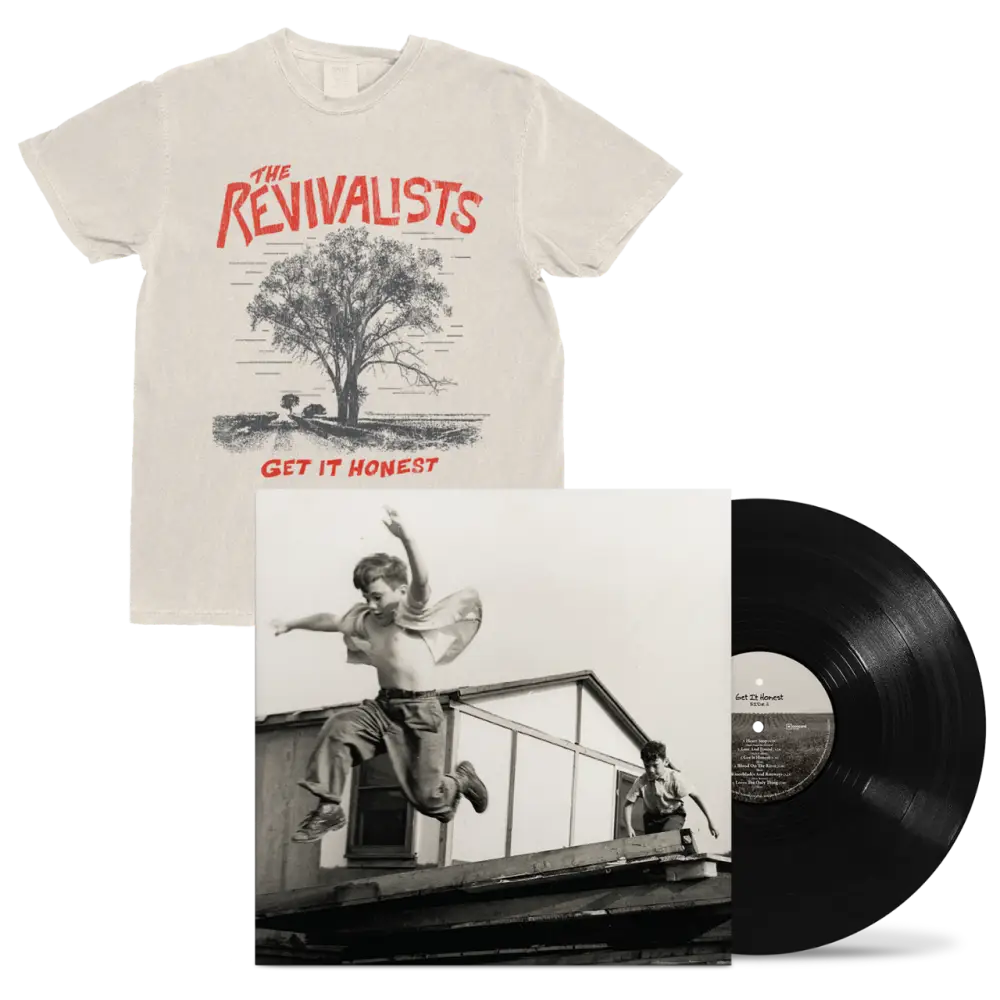 Off-white cotton t-shirt with black and red tree graphic and the revivalists text in the honest listening fan pack