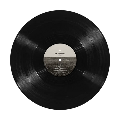 Black vinyl record with white center label featuring get it honest title and tracklist in honest listening fan pack