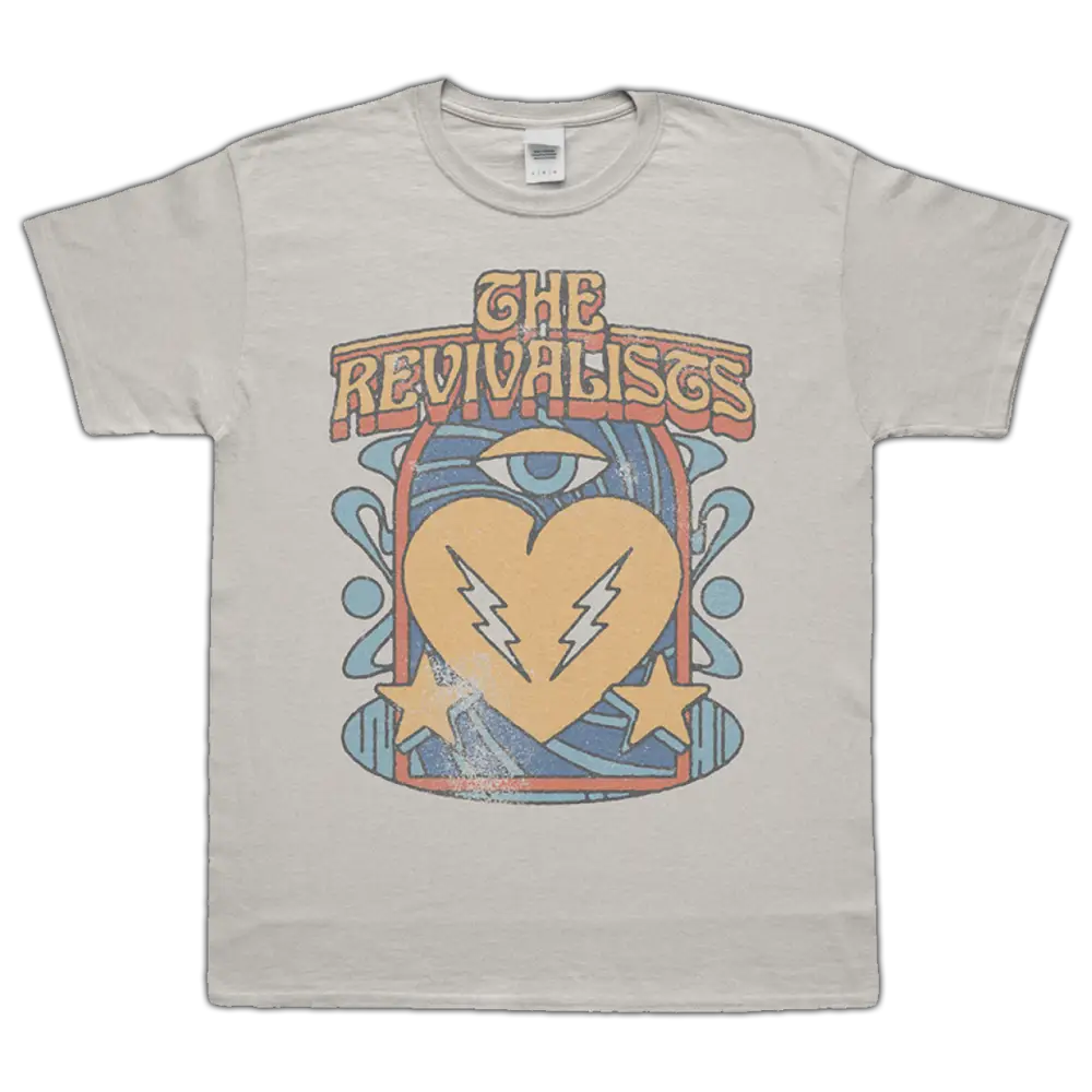 Light-colored t-shirt featuring a retro-style graphic design with the text ’The Revivalists’ and a heart symbol.