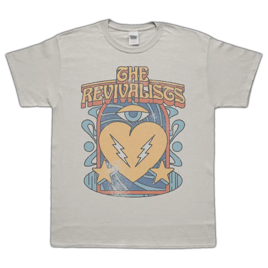 Light-colored t-shirt featuring a retro-style graphic design with the text ’The Revivalists’ and a heart symbol.