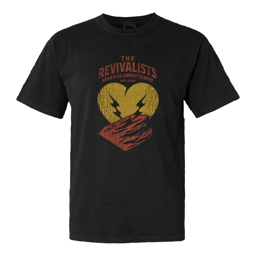 Black t-shirt featuring a graphic design for ’The Revivalists’ with a stylized heart and hands imagery.