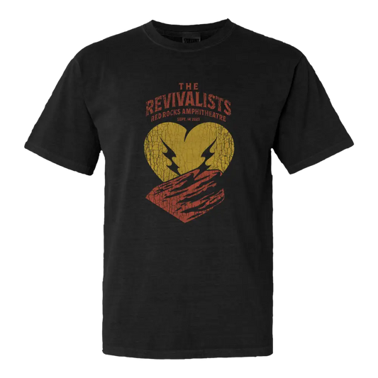 Black t-shirt featuring a graphic design for ’The Revivalists’ with a stylized heart and hands imagery.