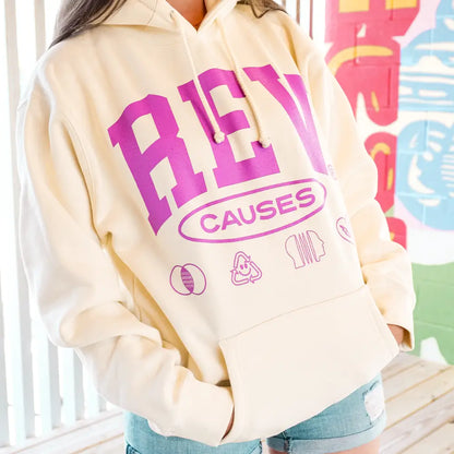 Cream-colored hoodie with ’REV CAUSES’ printed in pink along with small icons.