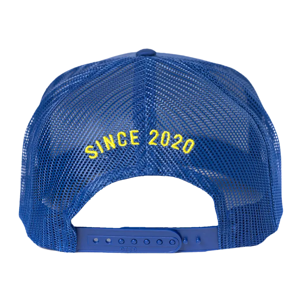 Blue mesh-back trucker hat with yellow ’SINCE 2020’’ text on the adjustable strap.