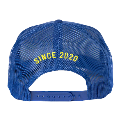 Blue mesh-back trucker hat with yellow ’SINCE 2020’’ text on the adjustable strap.