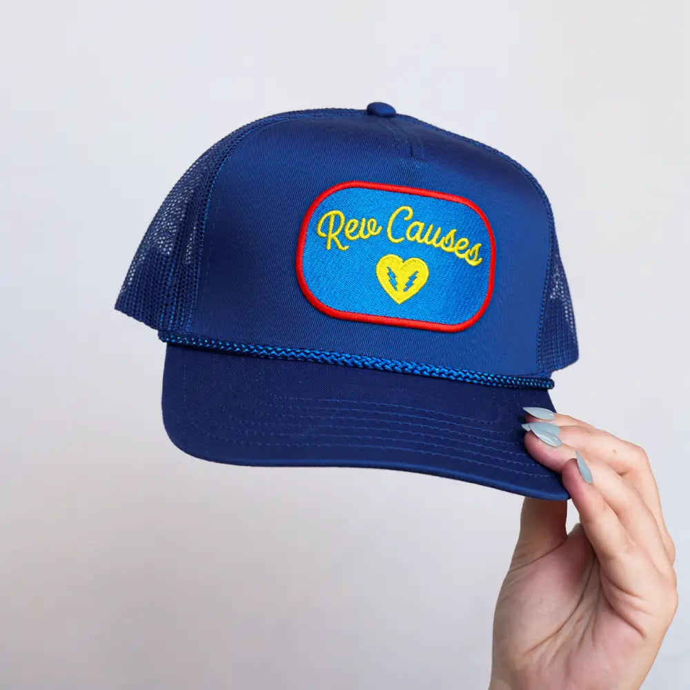 Blue trucker hat with patch.