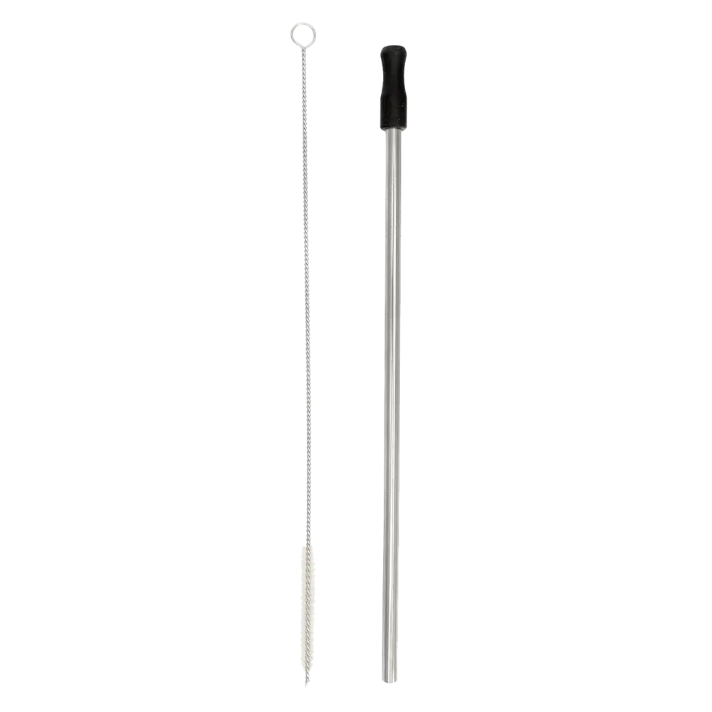 Metal straw with a black tip and accompanying thin cleaning brush.