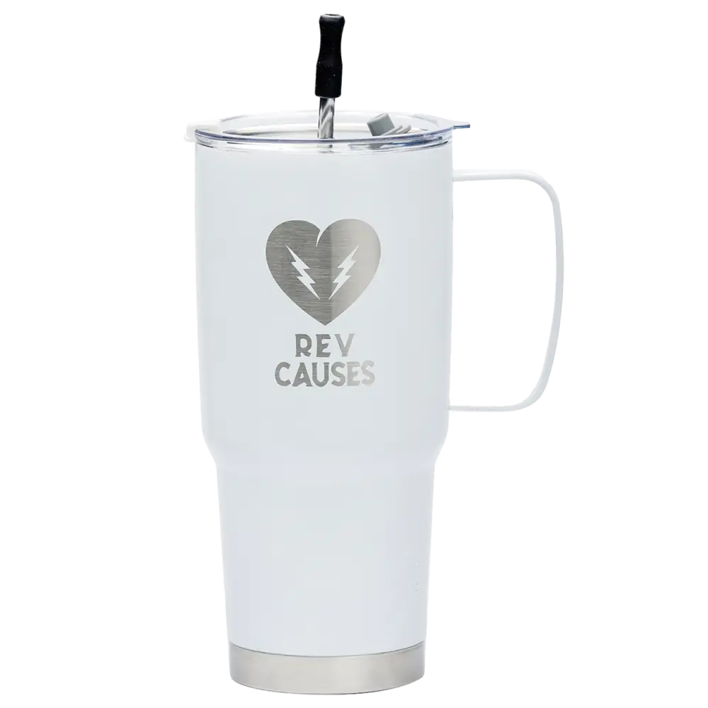 White insulated travel mug with a heart logo and ’REV CAUSES’ text.