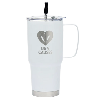 White insulated travel mug with a heart logo and ’REV CAUSES’ text.