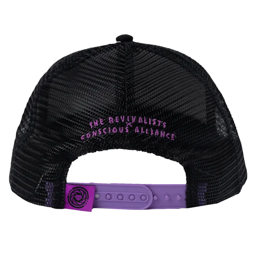 Black mesh trucker hat with purple text and strap on the back.