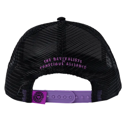 Black mesh trucker hat with purple text and strap on the back.