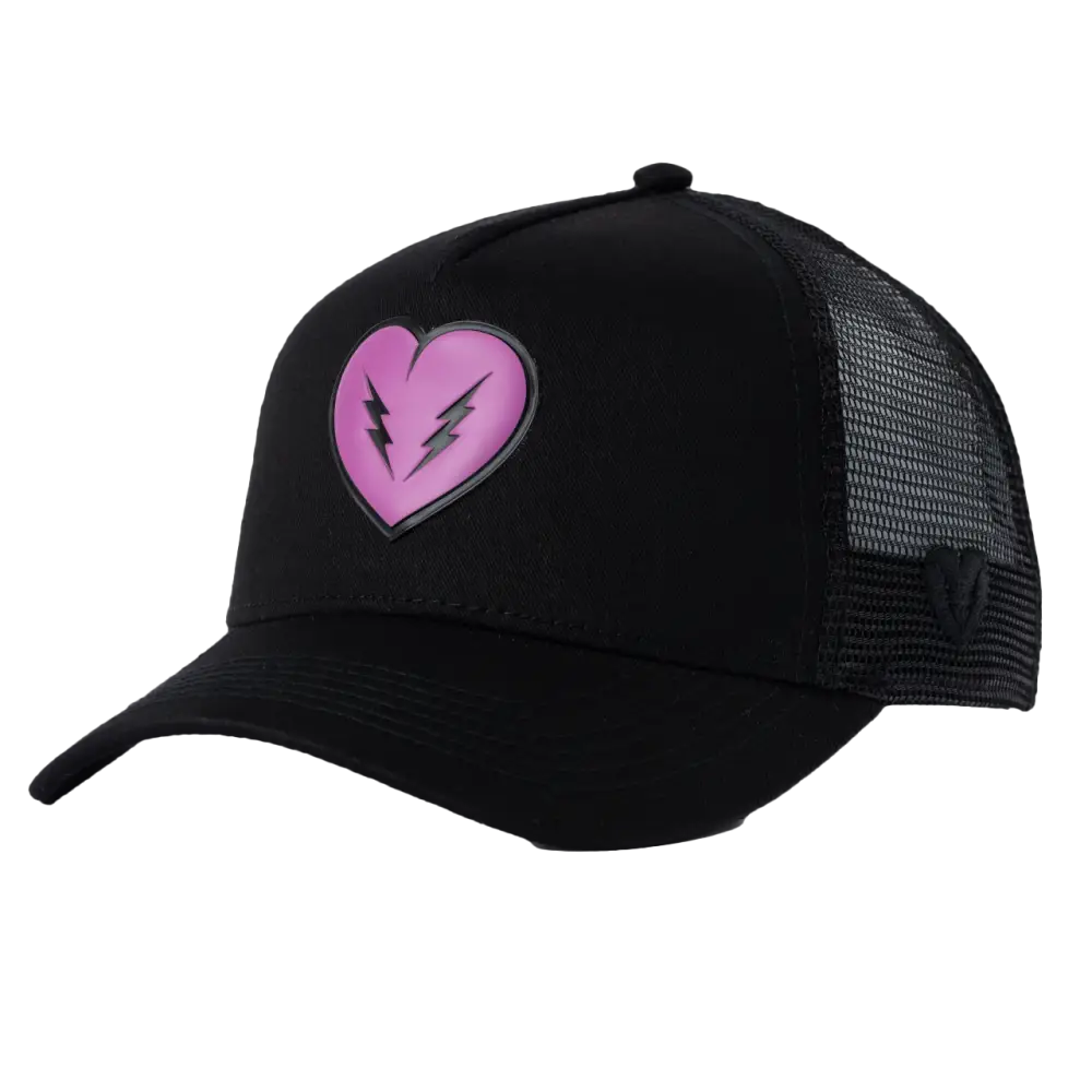 Black trucker hat with a pink heart logo featuring lightning bolts.