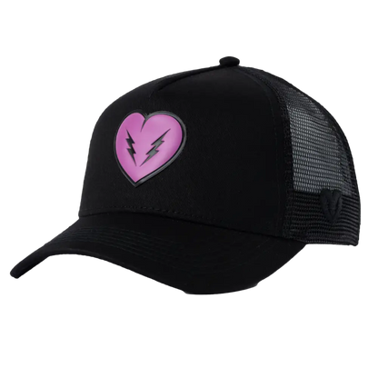 Black trucker hat with a pink heart logo featuring lightning bolts.