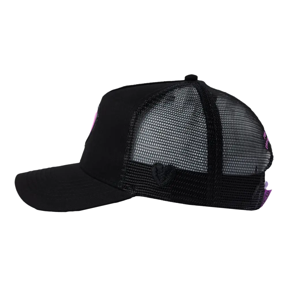 Black trucker-style baseball cap with mesh back panel.