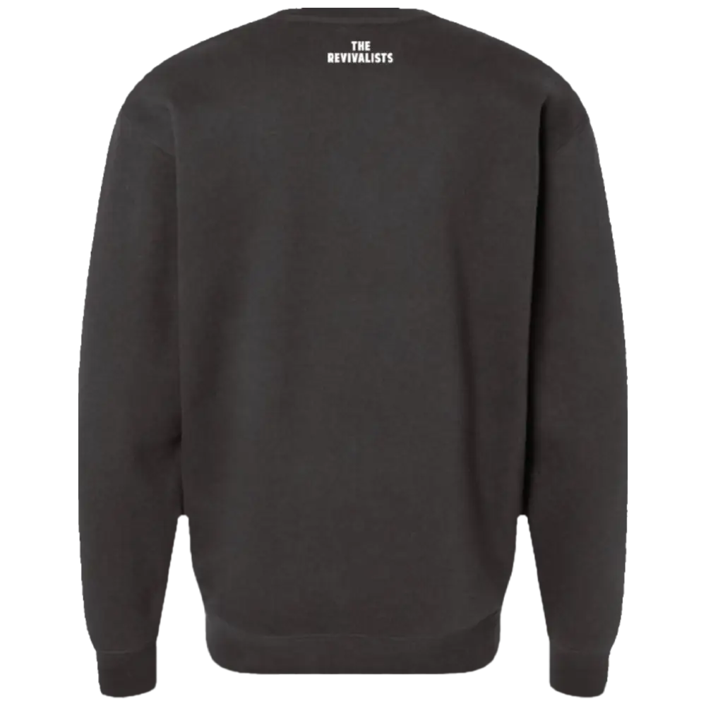Dark gray crewneck sweatshirt with ’the revivalists’ printed in white at the neckline.