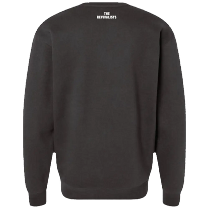 Dark gray crewneck sweatshirt with ’the revivalists’ printed in white at the neckline.