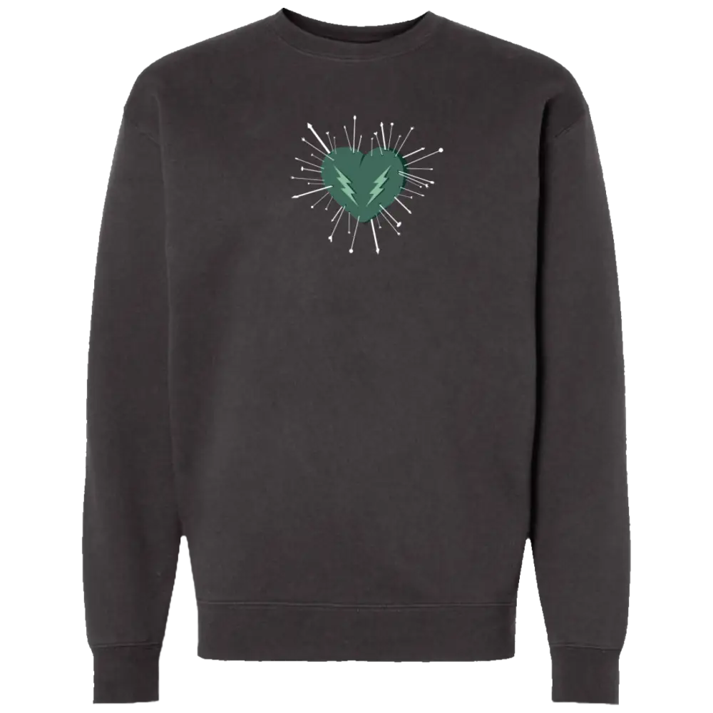 Dark gray crewneck sweatshirt featuring a central green heart graphic with white lightning bolts and radiating lines.