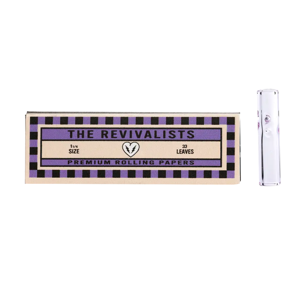 Vintage-style cigarette or rolling paper packaging labeled ’The Revivalists’ with purple and gold design elements.