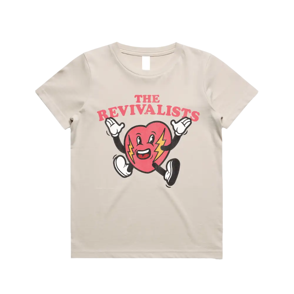 Beige t-shirt featuring a cartoon strawberry character and ’THE REVIVALISTS’ text.