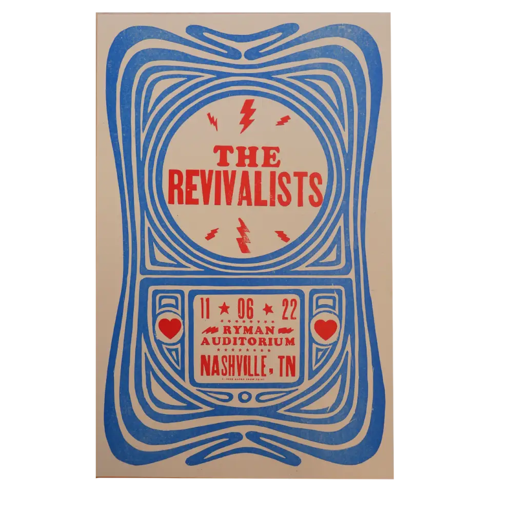 Concert poster for ’The Revivalists’ with a retro, Art Nouveau-inspired design featuring blue swirling patterns and red text.