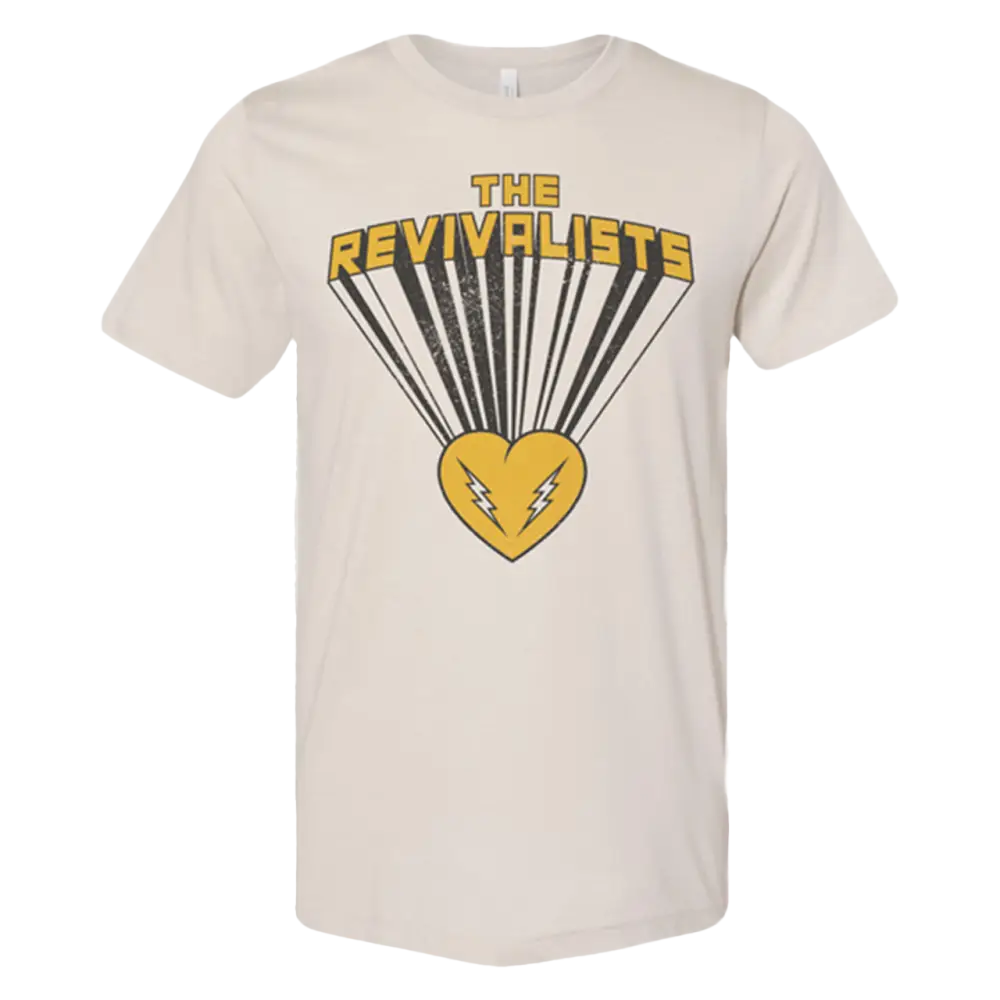 Beige t-shirt with ’The Revivalists’ logo featuring a yellow heart and radiating lines.