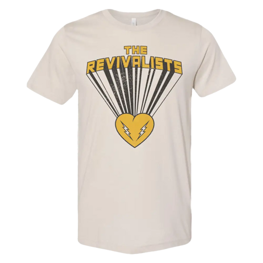 Beige t-shirt with ’The Revivalists’ logo featuring a yellow heart and radiating lines.