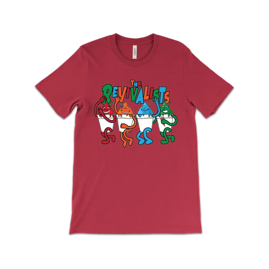 Red t-shirt featuring colorful cartoon characters and the word ’Revolution’ in playful lettering.