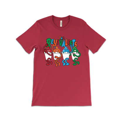 Red t-shirt featuring colorful cartoon characters and the word ’Revolution’ in playful lettering.