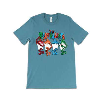 Teal t-shirt featuring colorful cartoon characters spelling out ’EVALUATE’ in a playful style.