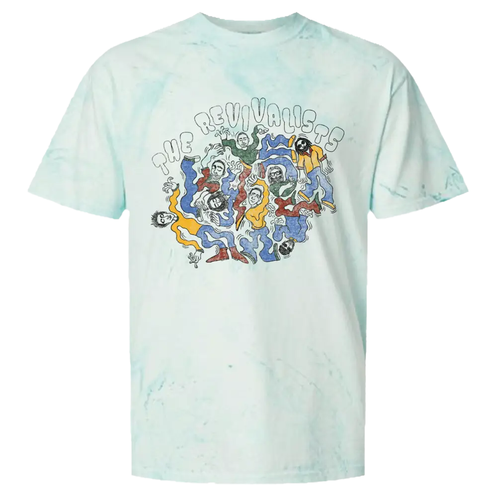Light blue tie-dye t-shirt with colorful graphic and 'The Revivalists' text on a white background